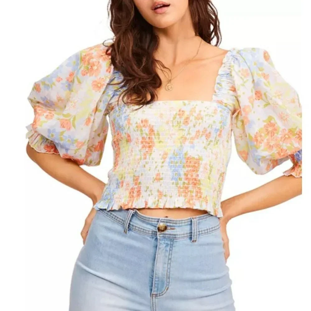 Billabong Feeling Groovy Puff Sleeve Floral Smocked Crop Blouse Top Blue Small - Picture 3 of 10